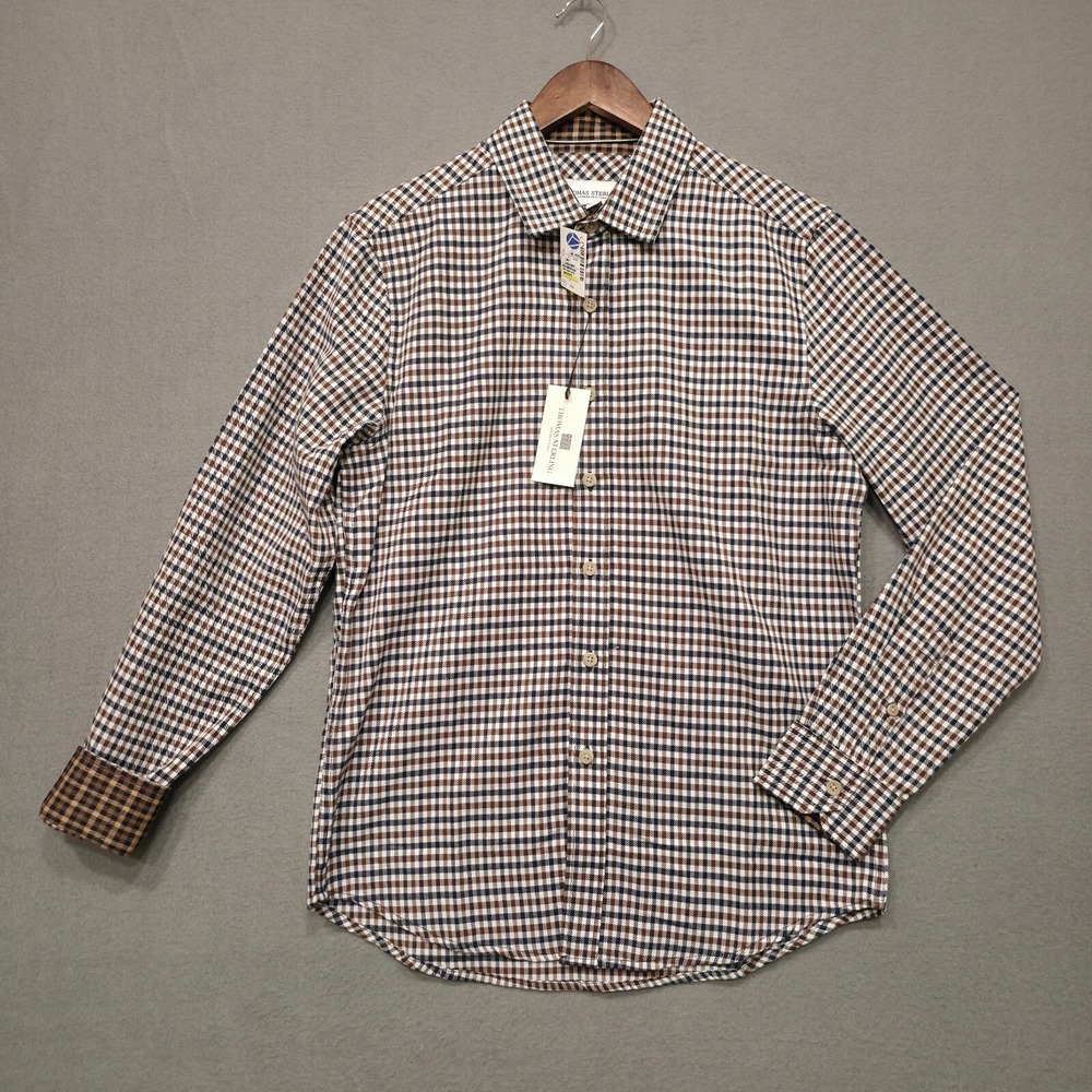 Thomas Sterling Mens Brown Plaid Button Up Long Sleeve Flip Cuff Shirt Sz S NWT